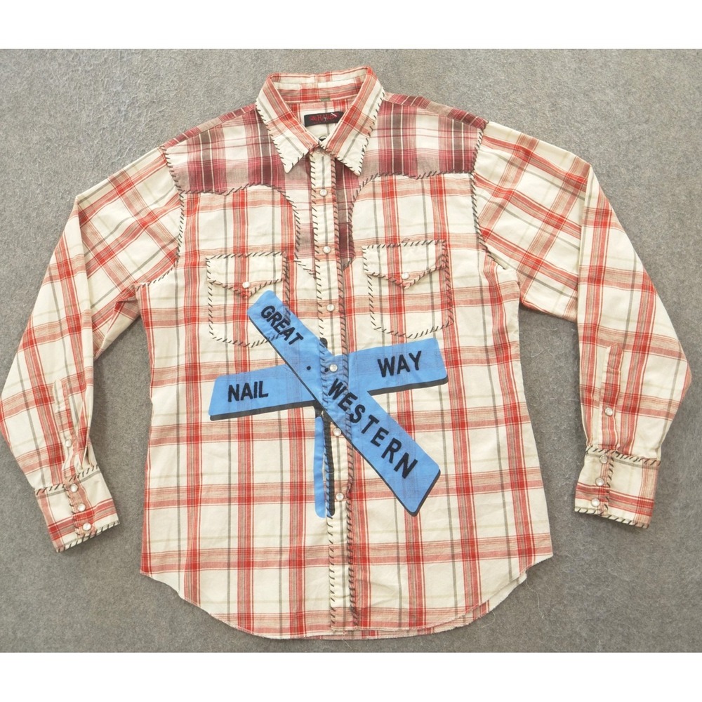 RAW 7 Shirt Mens Large Red White Button Up Plaid Hand Embroidery Western